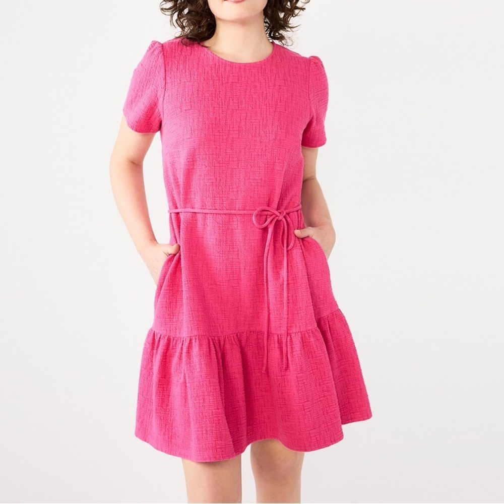 DRAPER JAMES RSVP Pink Textured Short Sleeve Belted Dress Size Small